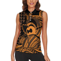 Koa Ikaika Warrior Helmet with Shark Women Sleeveless Polo Shirt Gold Kakau Style LT9 - Polynesian Pride