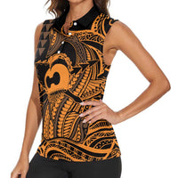Koa Ikaika Warrior Helmet with Shark Women Sleeveless Polo Shirt Gold Kakau Style LT9 - Polynesian Pride