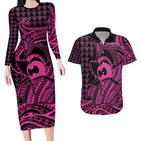Koa Ikaika Warrior Helmet with Shark Couples Matching Long Sleeve Bodycon Dress and Hawaiian Shirt Pink Kakau Style LT9 Pink - Polynesian Pride