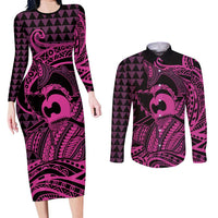 Koa Ikaika Warrior Helmet with Shark Couples Matching Long Sleeve Bodycon Dress and Long Sleeve Button Shirt Pink Kakau Style LT9 Pink - Polynesian Pride