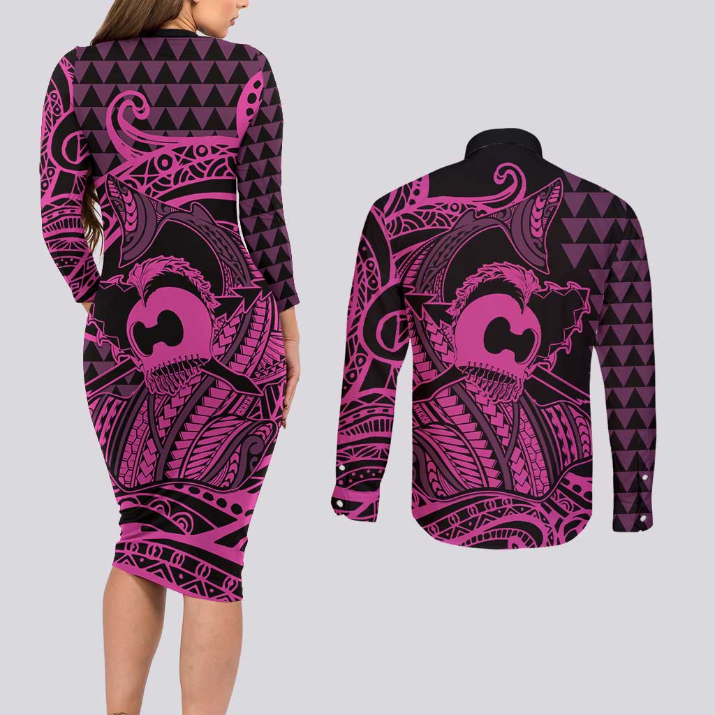 Koa Ikaika Warrior Helmet with Shark Couples Matching Long Sleeve Bodycon Dress and Long Sleeve Button Shirt Pink Kakau Style LT9 - Polynesian Pride