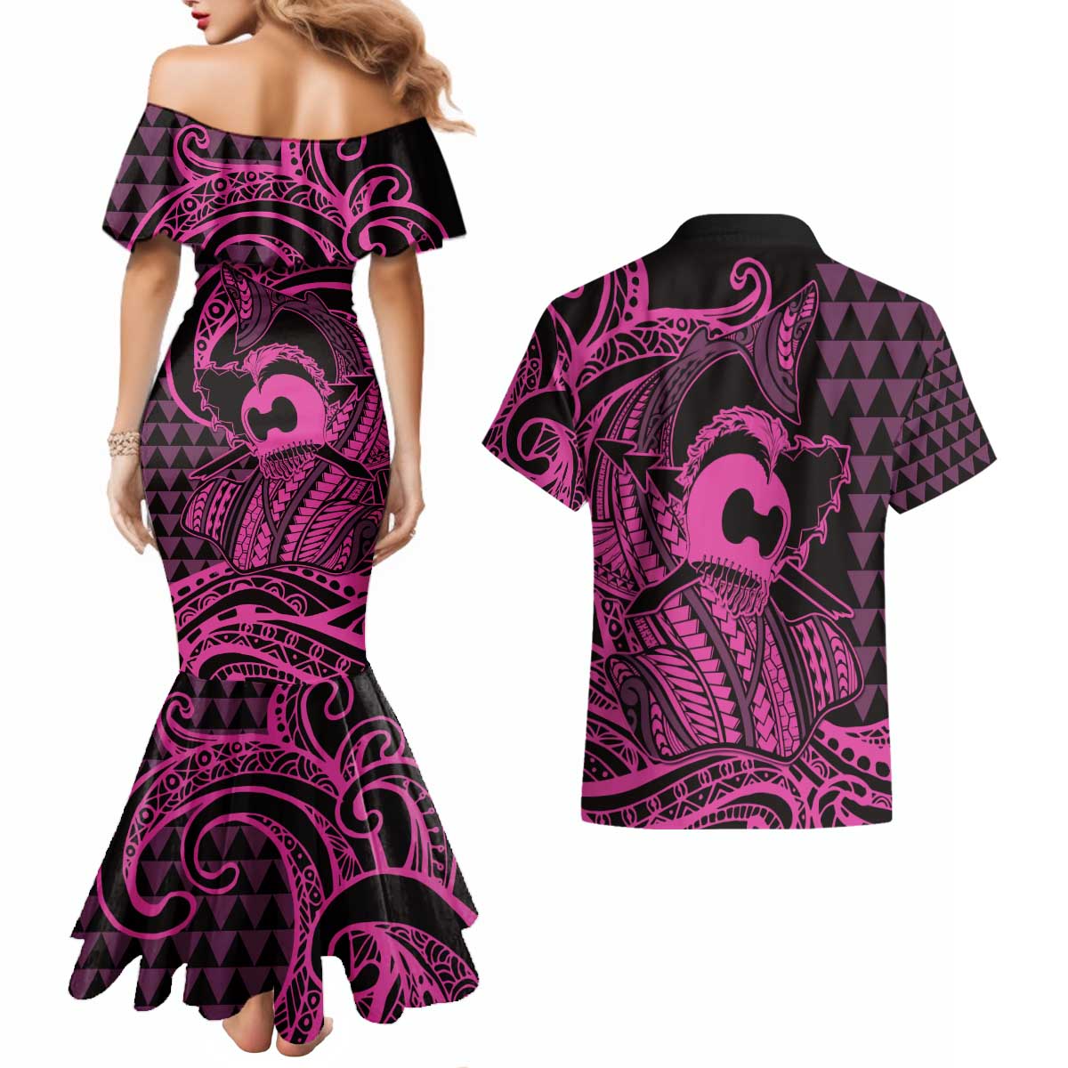 Koa Ikaika Warrior Helmet with Shark Couples Matching Mermaid Dress and Hawaiian Shirt Pink Kakau Style LT9 - Polynesian Pride