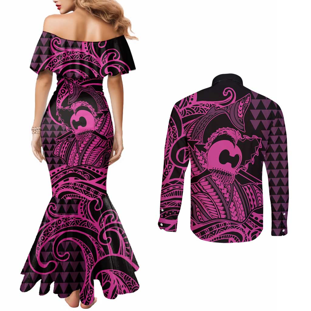 Koa Ikaika Warrior Helmet with Shark Couples Matching Mermaid Dress and Long Sleeve Button Shirt Pink Kakau Style LT9 - Polynesian Pride