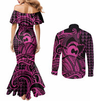Koa Ikaika Warrior Helmet with Shark Couples Matching Mermaid Dress and Long Sleeve Button Shirt Pink Kakau Style LT9 - Polynesian Pride