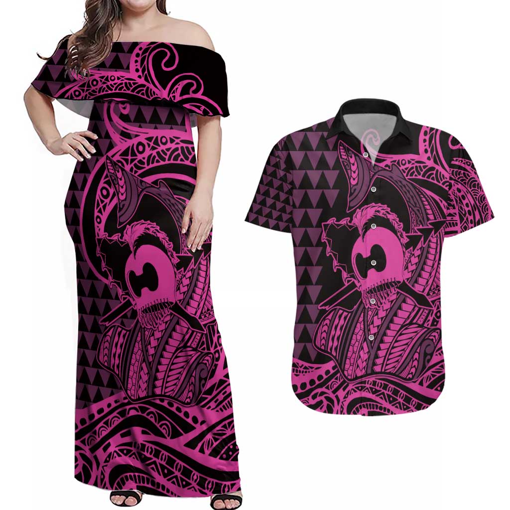 Koa Ikaika Warrior Helmet with Shark Couples Matching Off Shoulder Maxi Dress and Hawaiian Shirt Pink Kakau Style LT9 Pink - Polynesian Pride