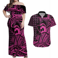 Koa Ikaika Warrior Helmet with Shark Couples Matching Off Shoulder Maxi Dress and Hawaiian Shirt Pink Kakau Style LT9 Pink - Polynesian Pride
