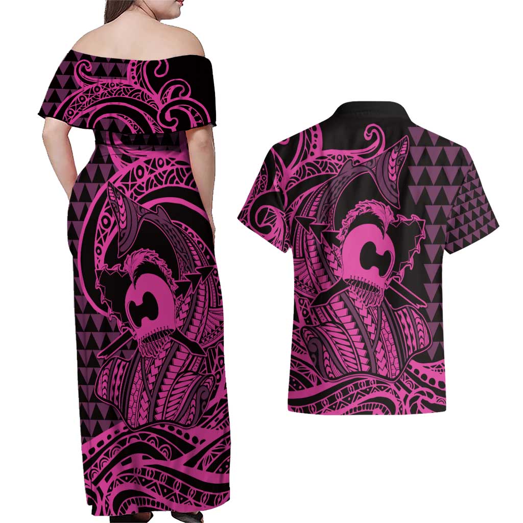 Koa Ikaika Warrior Helmet with Shark Couples Matching Off Shoulder Maxi Dress and Hawaiian Shirt Pink Kakau Style LT9 - Polynesian Pride