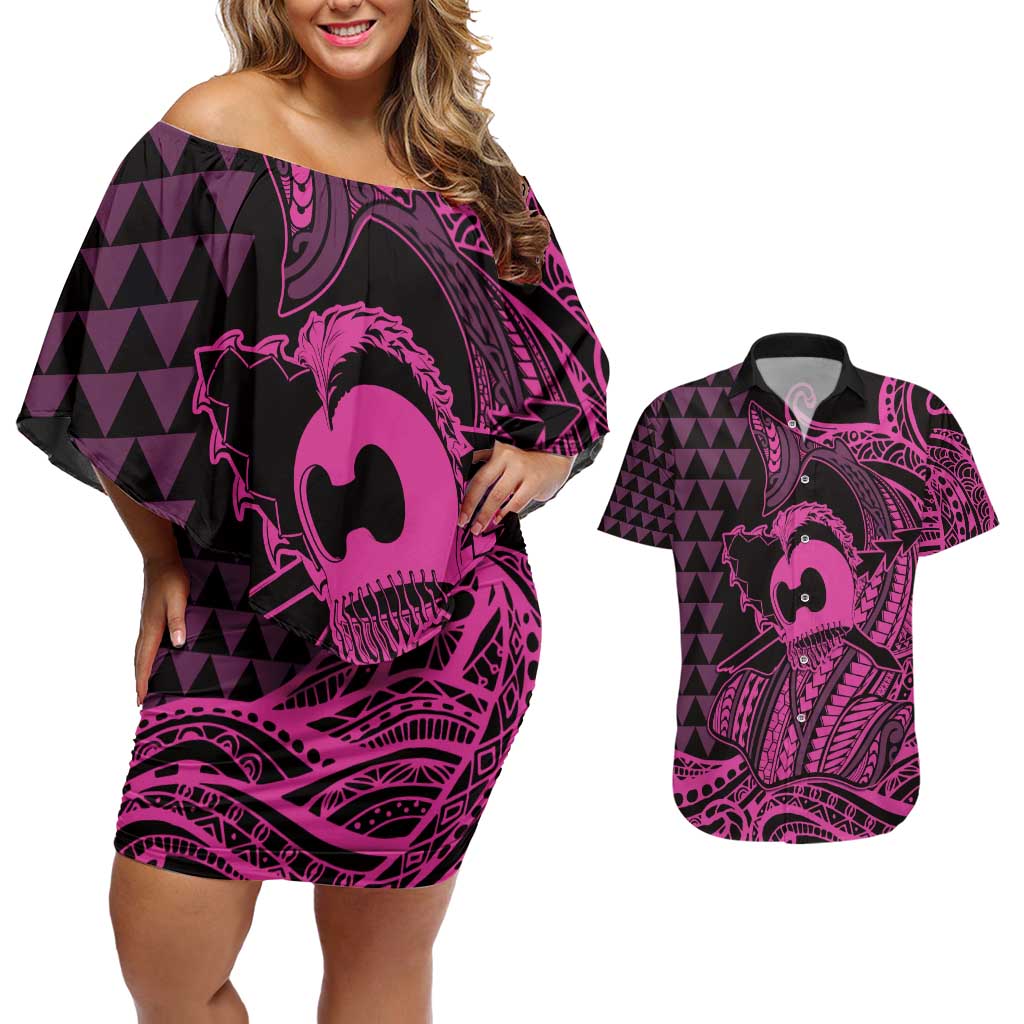 Koa Ikaika Warrior Helmet with Shark Couples Matching Off Shoulder Short Dress and Hawaiian Shirt Pink Kakau Style LT9 Pink - Polynesian Pride