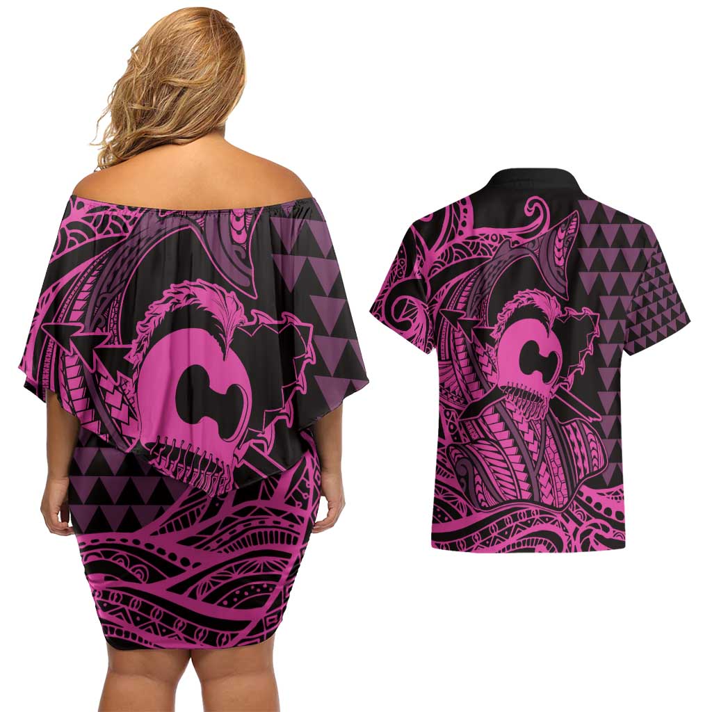 Koa Ikaika Warrior Helmet with Shark Couples Matching Off Shoulder Short Dress and Hawaiian Shirt Pink Kakau Style LT9 - Polynesian Pride
