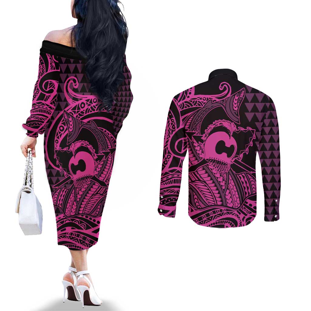 Koa Ikaika Warrior Helmet with Shark Couples Matching Off The Shoulder Long Sleeve Dress and Long Sleeve Button Shirt Pink Kakau Style LT9 - Polynesian Pride