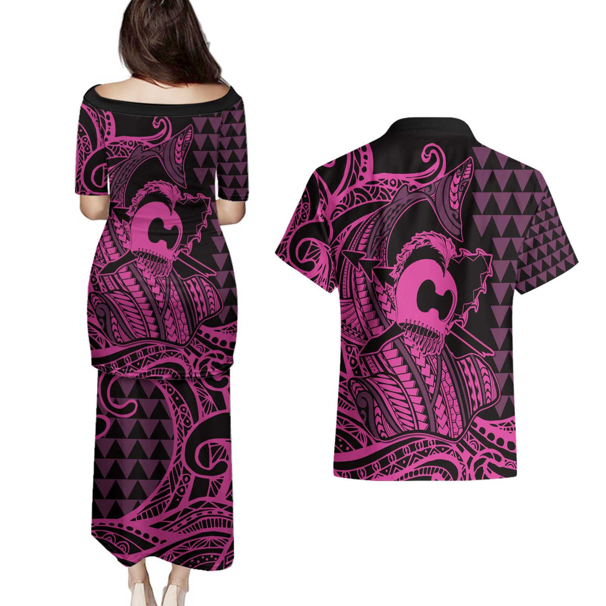 Koa Ikaika Warrior Helmet with Shark Couples Matching Puletasi and Hawaiian Shirt Pink Kakau Style