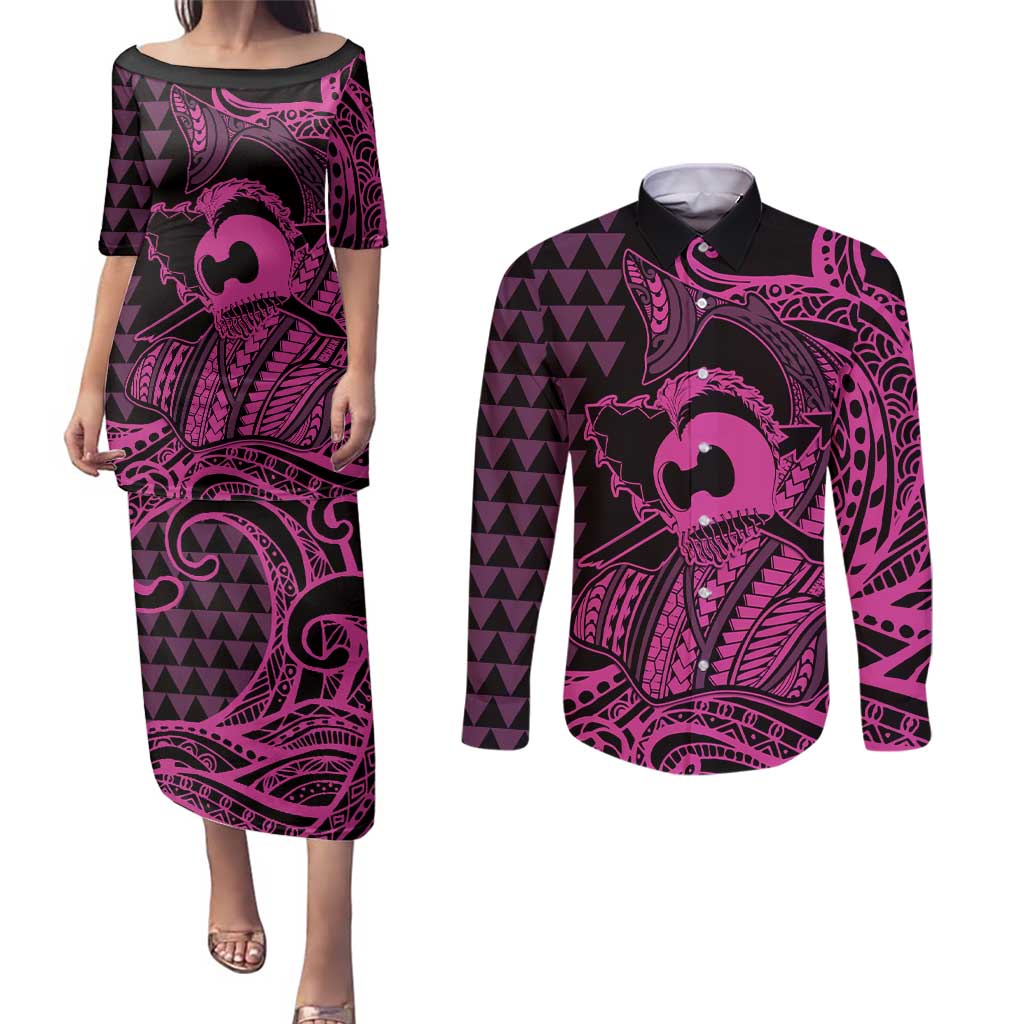 Koa Ikaika Warrior Helmet with Shark Couples Matching Puletasi and Long Sleeve Button Shirt Pink Kakau Style