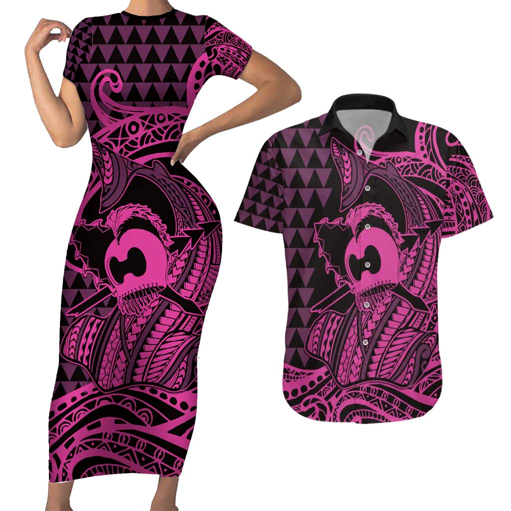Koa Ikaika Warrior Helmet with Shark Couples Matching Short Sleeve Bodycon Dress and Hawaiian Shirt Pink Kakau Style LT9 Pink - Polynesian Pride