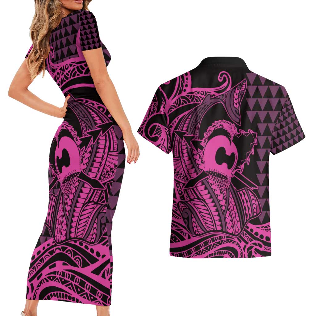Koa Ikaika Warrior Helmet with Shark Couples Matching Short Sleeve Bodycon Dress and Hawaiian Shirt Pink Kakau Style LT9 - Polynesian Pride