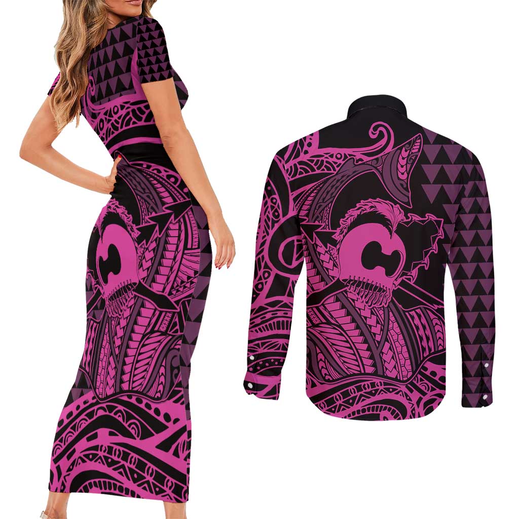 Koa Ikaika Warrior Helmet with Shark Couples Matching Short Sleeve Bodycon Dress and Long Sleeve Button Shirt Pink Kakau Style LT9 - Polynesian Pride
