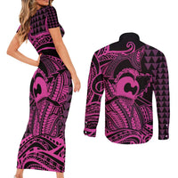 Koa Ikaika Warrior Helmet with Shark Couples Matching Short Sleeve Bodycon Dress and Long Sleeve Button Shirt Pink Kakau Style LT9 - Polynesian Pride
