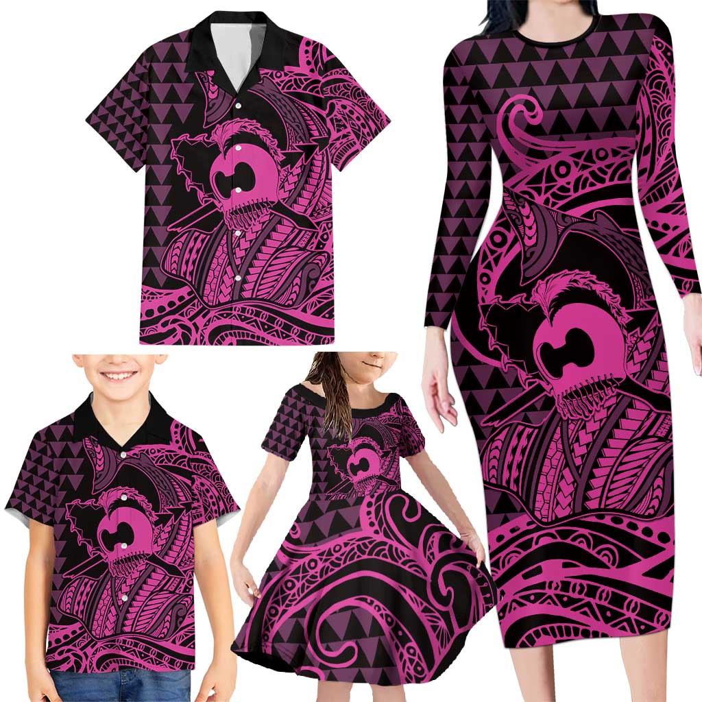 Koa Ikaika Warrior Helmet with Shark Family Matching Long Sleeve Bodycon Dress and Hawaiian Shirt Pink Kakau Style LT9 - Polynesian Pride