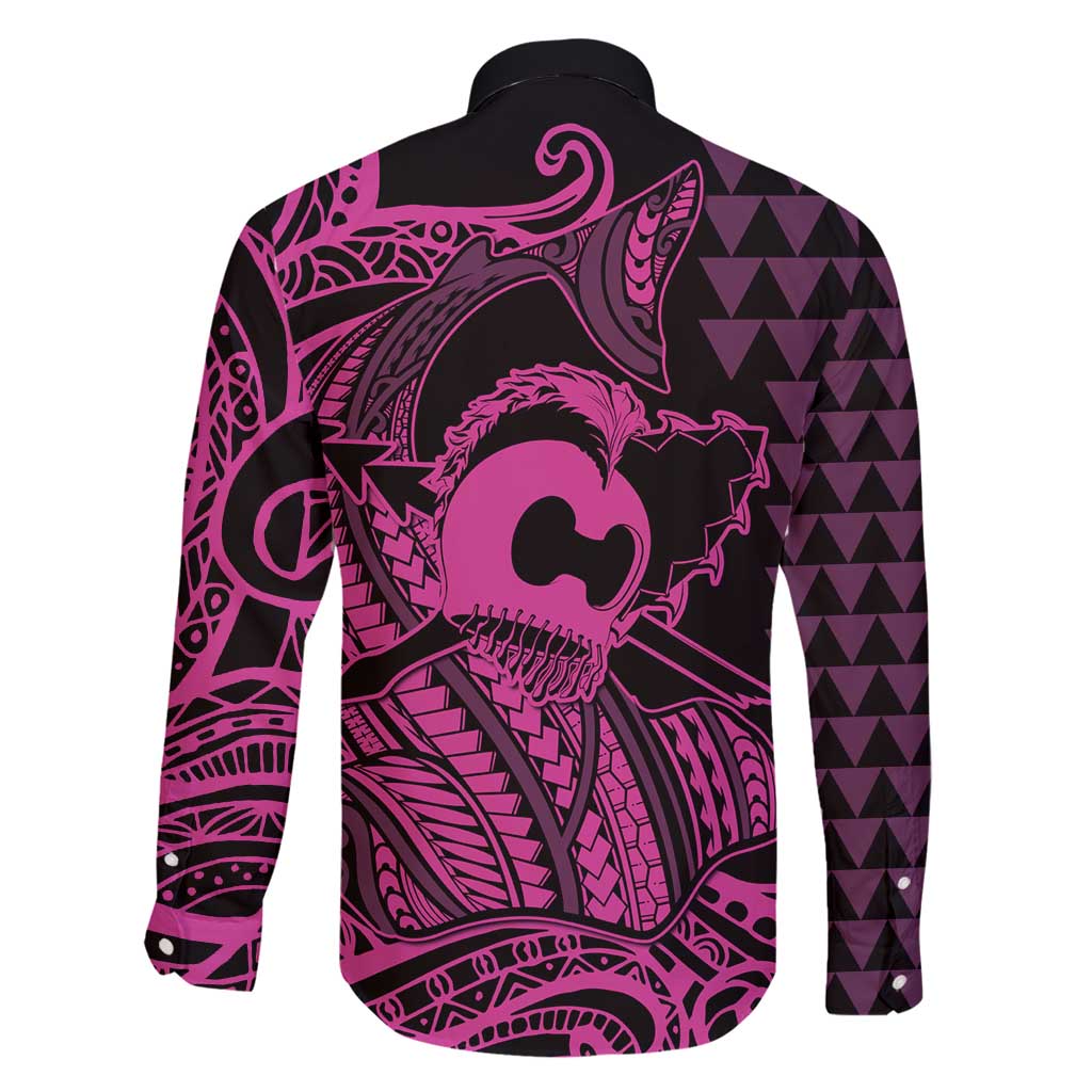 Koa Ikaika Warrior Helmet with Shark Family Matching Long Sleeve Bodycon Dress and Hawaiian Shirt Pink Kakau Style LT9 - Polynesian Pride