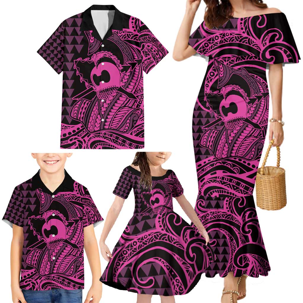 Koa Ikaika Warrior Helmet with Shark Family Matching Mermaid Dress and Hawaiian Shirt Pink Kakau Style LT9 - Polynesian Pride
