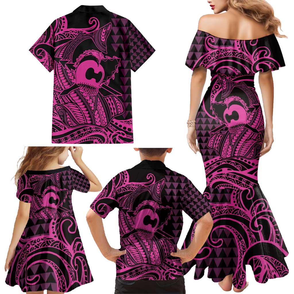 Koa Ikaika Warrior Helmet with Shark Family Matching Mermaid Dress and Hawaiian Shirt Pink Kakau Style LT9 - Polynesian Pride