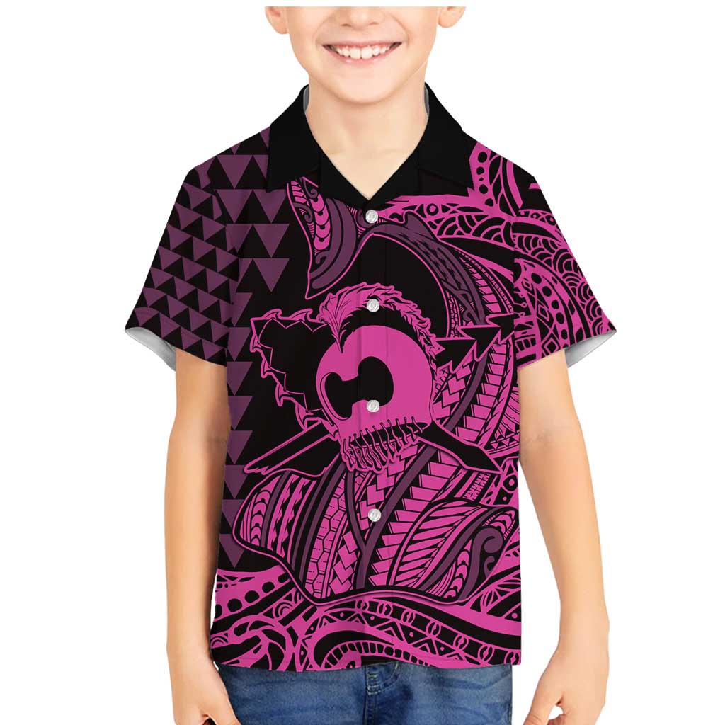 Koa Ikaika Warrior Helmet with Shark Family Matching Mermaid Dress and Hawaiian Shirt Pink Kakau Style LT9 Son's Shirt Pink - Polynesian Pride