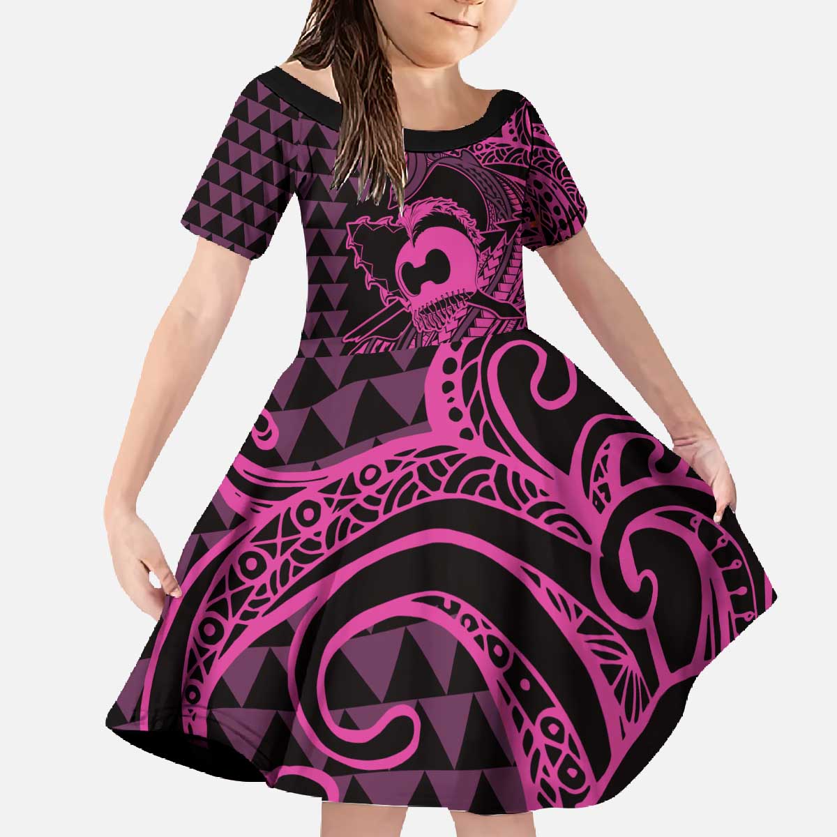 Koa Ikaika Warrior Helmet with Shark Family Matching Off The Shoulder Long Sleeve Dress and Hawaiian Shirt Pink Kakau Style LT9 Daughter's Dress Pink - Polynesian Pride