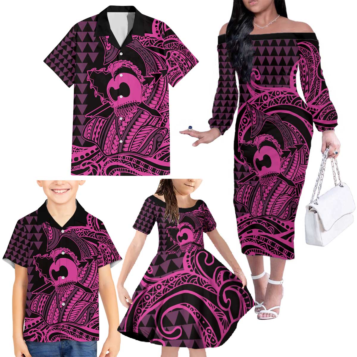Koa Ikaika Warrior Helmet with Shark Family Matching Off The Shoulder Long Sleeve Dress and Hawaiian Shirt Pink Kakau Style LT9 - Polynesian Pride