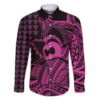 Koa Ikaika Warrior Helmet with Shark Family Matching Off The Shoulder Long Sleeve Dress and Hawaiian Shirt Pink Kakau Style LT9 Dad's Shirt - Long Sleeve Pink - Polynesian Pride