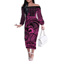 Koa Ikaika Warrior Helmet with Shark Family Matching Off The Shoulder Long Sleeve Dress and Hawaiian Shirt Pink Kakau Style LT9 Mom's Dress Pink - Polynesian Pride