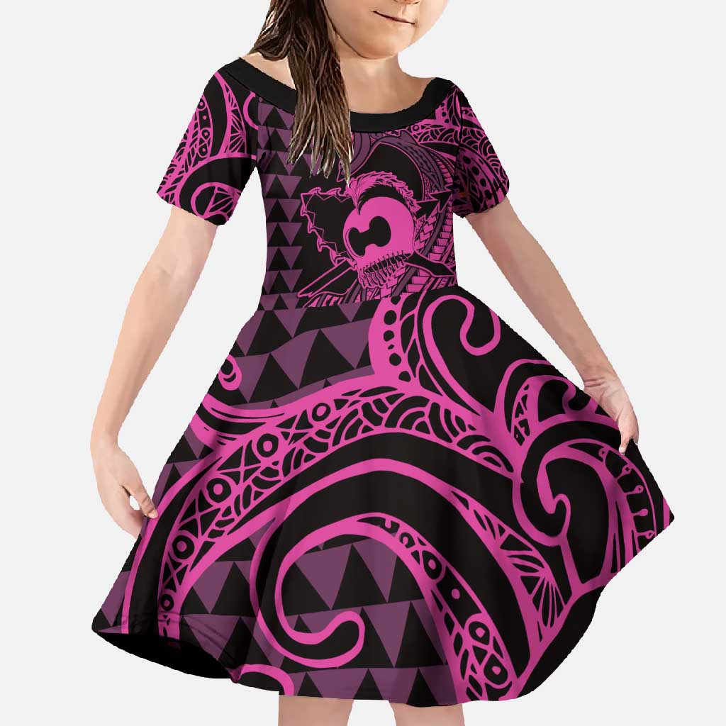 Koa Ikaika Warrior Helmet with Shark Family Matching Off Shoulder Maxi Dress and Hawaiian Shirt Pink Kakau Style LT9 Daughter's Dress Pink - Polynesian Pride