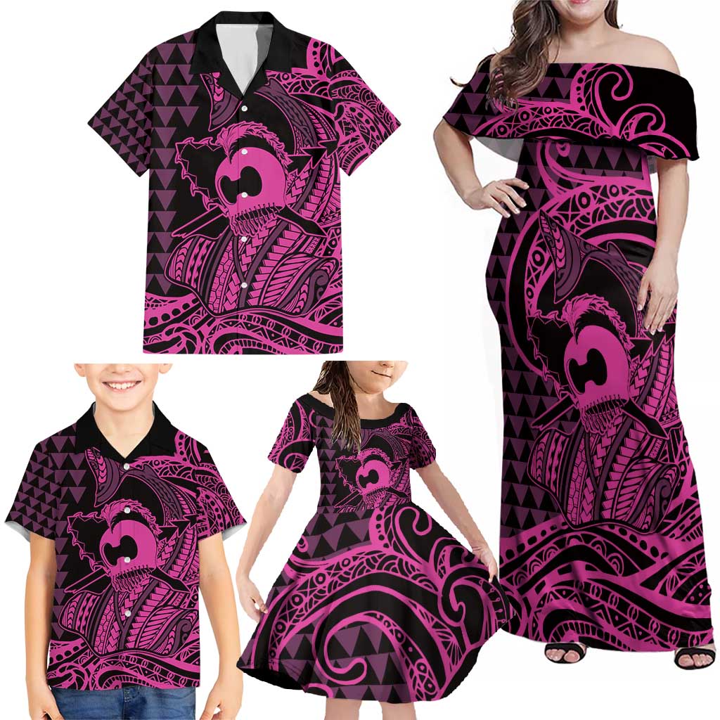 Koa Ikaika Warrior Helmet with Shark Family Matching Off Shoulder Maxi Dress and Hawaiian Shirt Pink Kakau Style LT9 - Polynesian Pride