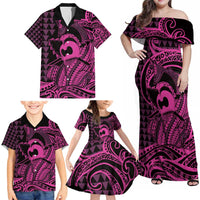 Koa Ikaika Warrior Helmet with Shark Family Matching Off Shoulder Maxi Dress and Hawaiian Shirt Pink Kakau Style LT9 - Polynesian Pride