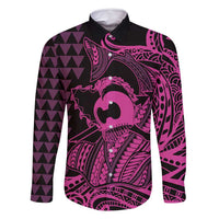 Koa Ikaika Warrior Helmet with Shark Family Matching Off Shoulder Maxi Dress and Hawaiian Shirt Pink Kakau Style LT9 Dad's Shirt - Long Sleeve Pink - Polynesian Pride