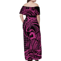 Koa Ikaika Warrior Helmet with Shark Family Matching Off Shoulder Maxi Dress and Hawaiian Shirt Pink Kakau Style LT9 - Polynesian Pride