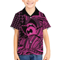 Koa Ikaika Warrior Helmet with Shark Family Matching Off Shoulder Maxi Dress and Hawaiian Shirt Pink Kakau Style LT9 Son's Shirt Pink - Polynesian Pride
