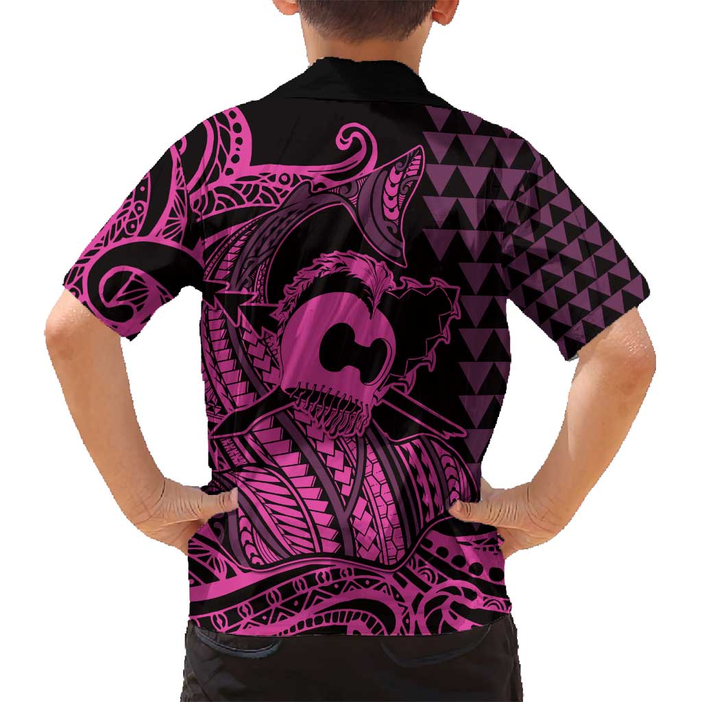Koa Ikaika Warrior Helmet with Shark Family Matching Off Shoulder Short Dress and Hawaiian Shirt Pink Kakau Style LT9 - Polynesian Pride