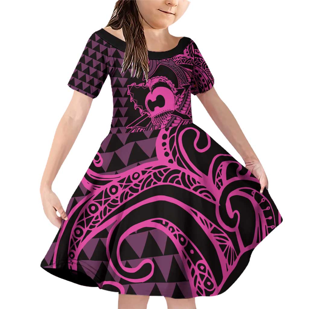 Koa Ikaika Warrior Helmet with Shark Family Matching Off Shoulder Short Dress and Hawaiian Shirt Pink Kakau Style LT9 Daughter's Dress Pink - Polynesian Pride