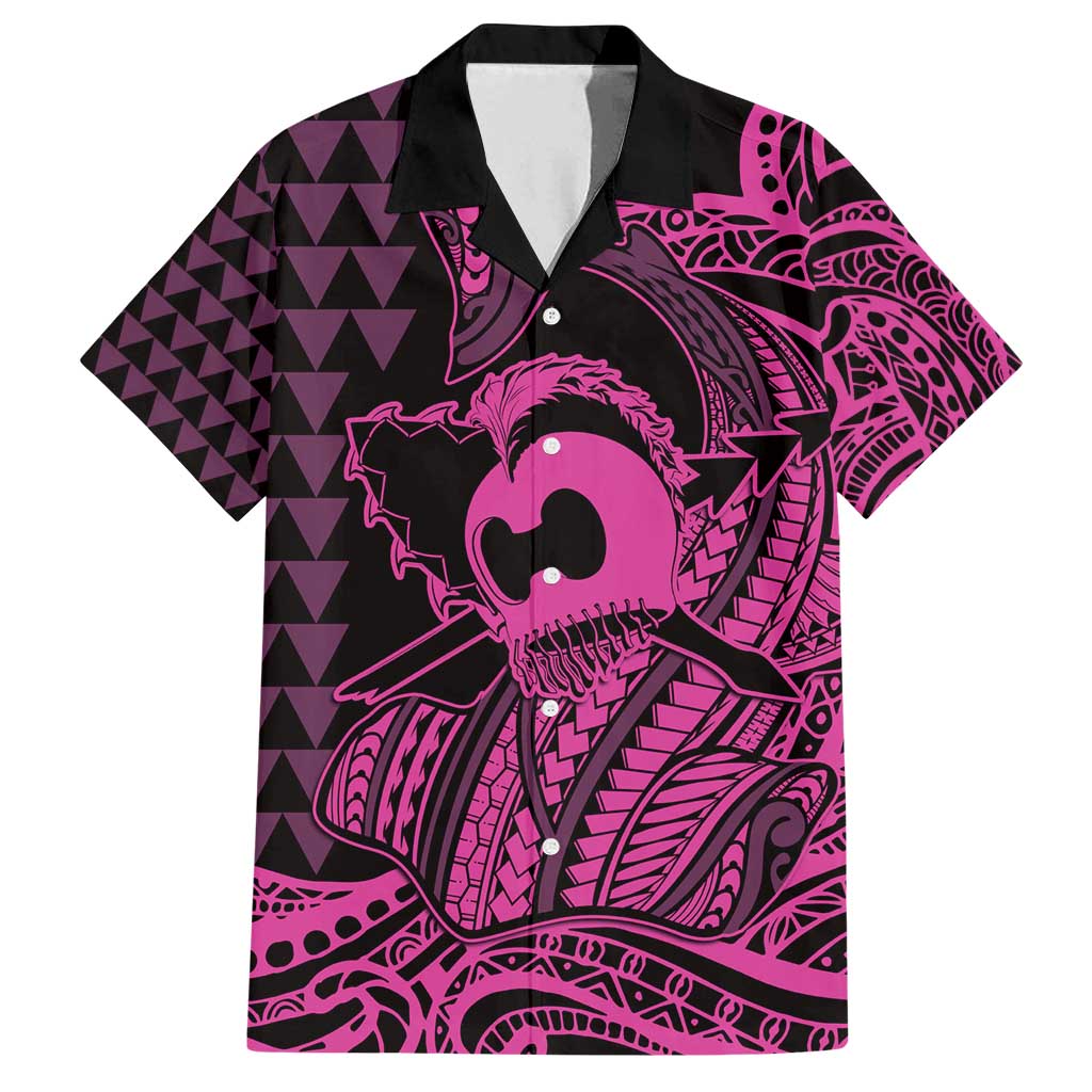 Koa Ikaika Warrior Helmet with Shark Family Matching Off Shoulder Short Dress and Hawaiian Shirt Pink Kakau Style LT9 Dad's Shirt - Short Sleeve Pink - Polynesian Pride