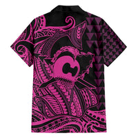Koa Ikaika Warrior Helmet with Shark Family Matching Off Shoulder Short Dress and Hawaiian Shirt Pink Kakau Style LT9 - Polynesian Pride