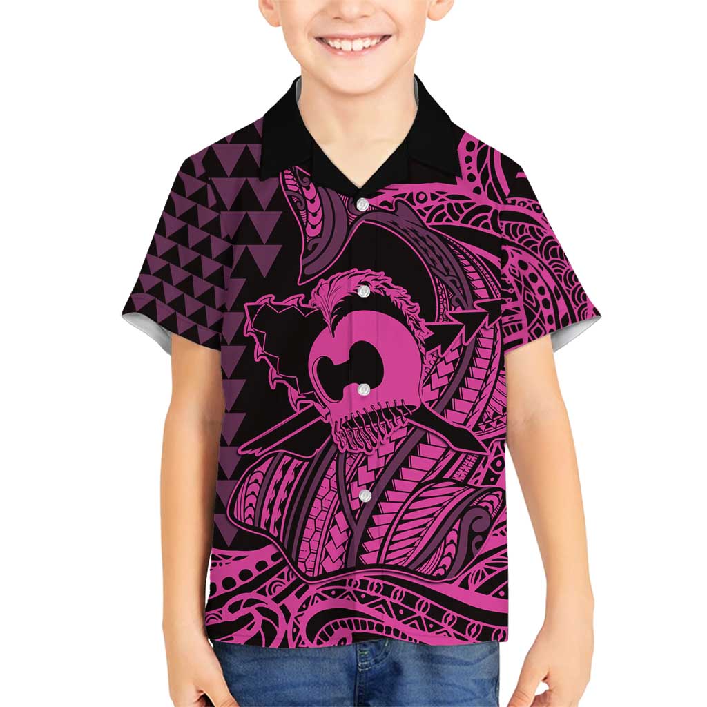 Koa Ikaika Warrior Helmet with Shark Family Matching Off Shoulder Short Dress and Hawaiian Shirt Pink Kakau Style LT9 Son's Shirt Pink - Polynesian Pride