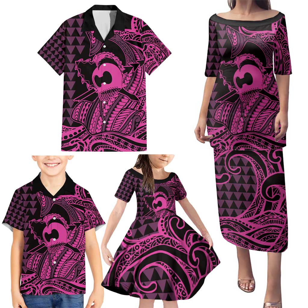 Koa Ikaika Warrior Helmet with Shark Family Matching Puletasi and Hawaiian Shirt Pink Kakau Style LT9 - Polynesian Pride