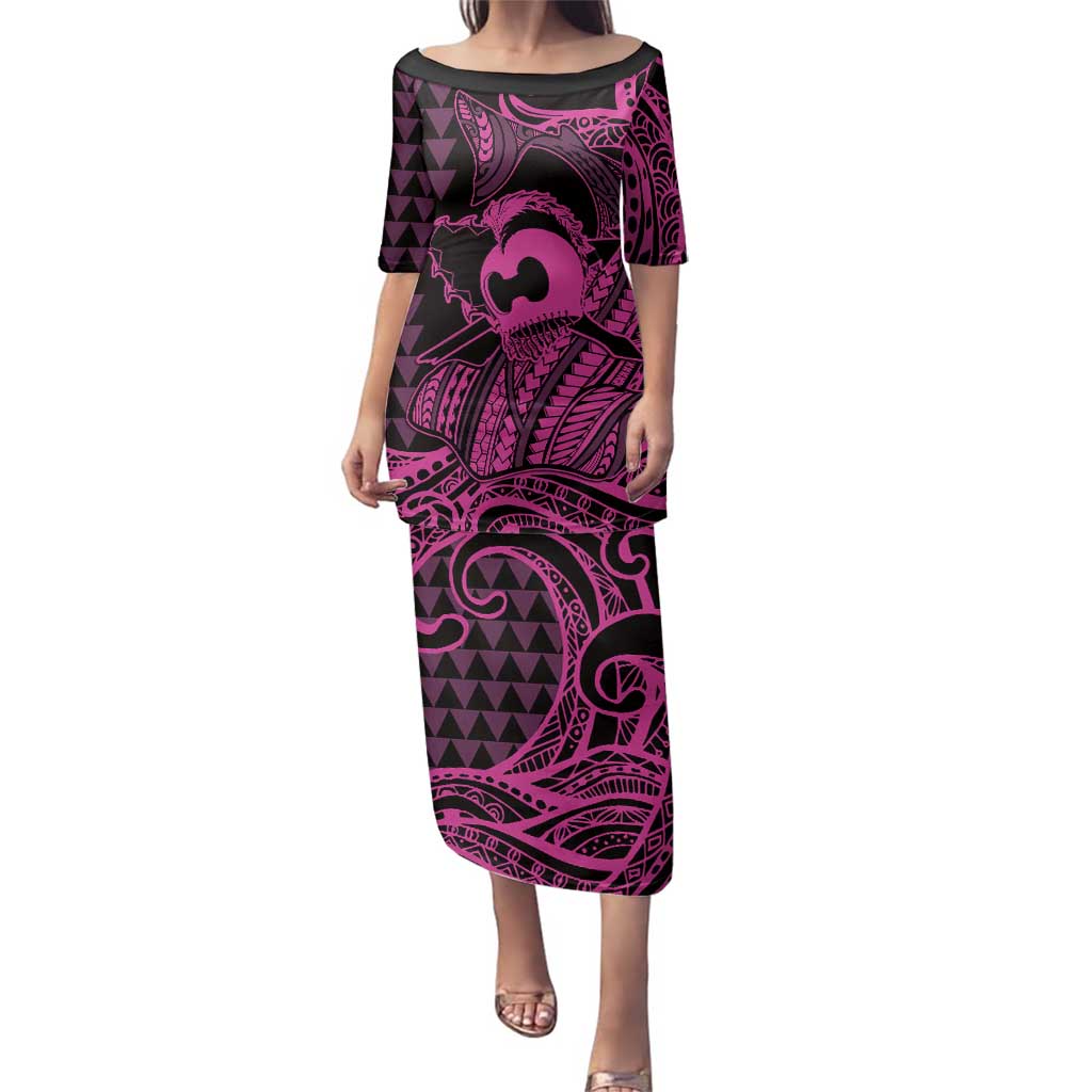 Koa Ikaika Warrior Helmet with Shark Family Matching Puletasi and Hawaiian Shirt Pink Kakau Style LT9 Mom's Dress Pink - Polynesian Pride