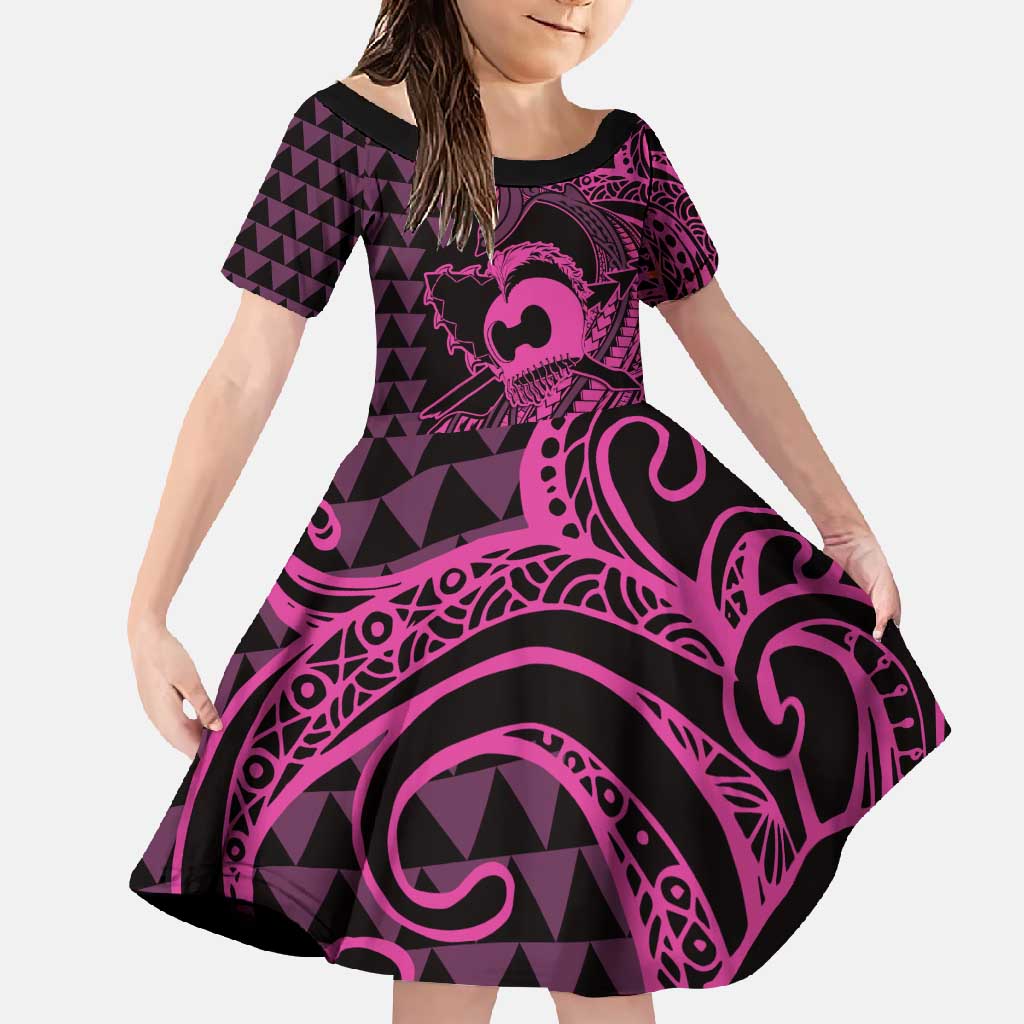Koa Ikaika Warrior Helmet with Shark Family Matching Short Sleeve Bodycon Dress and Hawaiian Shirt Pink Kakau Style LT9 Daughter's Dress Pink - Polynesian Pride