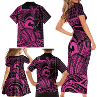 Koa Ikaika Warrior Helmet with Shark Family Matching Short Sleeve Bodycon Dress and Hawaiian Shirt Pink Kakau Style LT9 - Polynesian Pride
