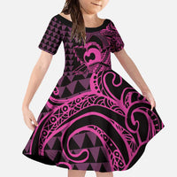 Koa Ikaika Warrior Helmet with Shark Family Matching Summer Maxi Dress and Hawaiian Shirt Pink Kakau Style LT9 Daughter's Dress Pink - Polynesian Pride