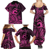 Koa Ikaika Warrior Helmet with Shark Family Matching Summer Maxi Dress and Hawaiian Shirt Pink Kakau Style LT9 - Polynesian Pride