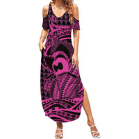 Koa Ikaika Warrior Helmet with Shark Family Matching Summer Maxi Dress and Hawaiian Shirt Pink Kakau Style LT9 Mom's Dress Pink - Polynesian Pride