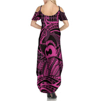 Koa Ikaika Warrior Helmet with Shark Family Matching Summer Maxi Dress and Hawaiian Shirt Pink Kakau Style LT9 - Polynesian Pride