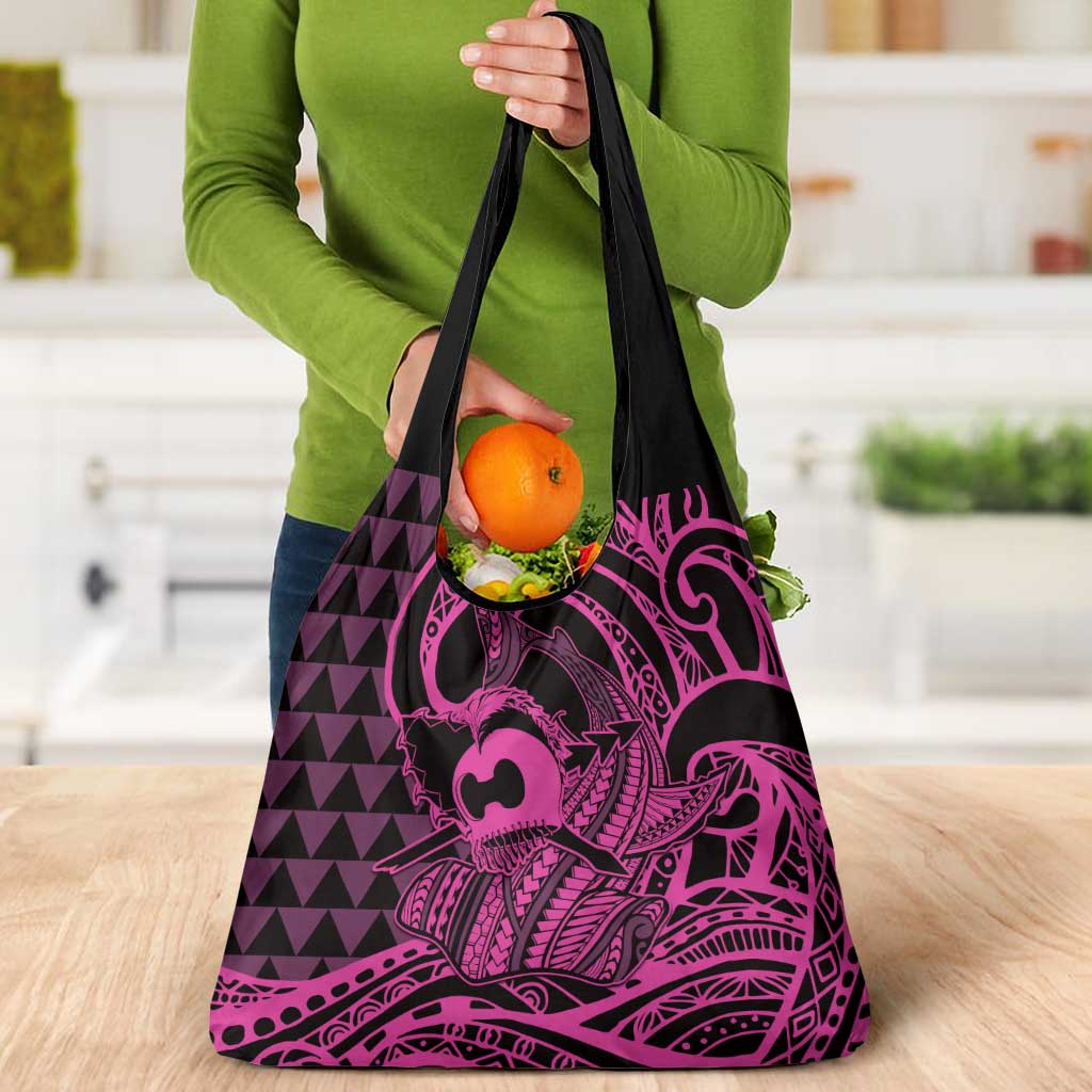 Koa Ikaika Warrior Helmet with Shark Grocery Bag Pink Kakau Style
