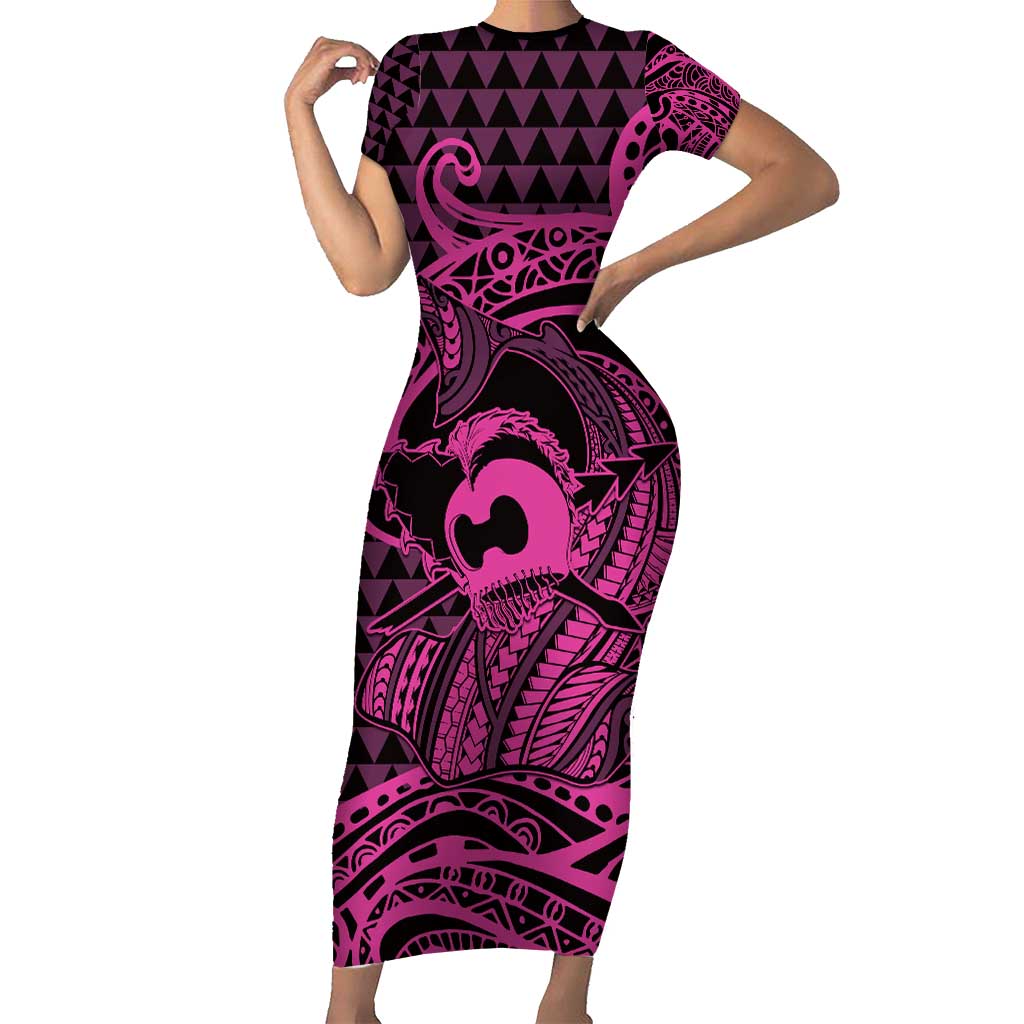 Koa Ikaika Warrior Helmet with Shark Short Sleeve Bodycon Dress Pink Kakau Style LT9 Long Dress Pink - Polynesian Pride